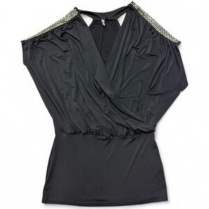 Forplay Surplice Goth‎ Clubwear Party Wrap Top Black Studded Cold Shoulder Small